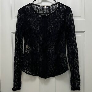 Rachel Rachel Roy Black Leaf Printed Sheer Mesh Lace Long Sleeve Blouse - Size 6
